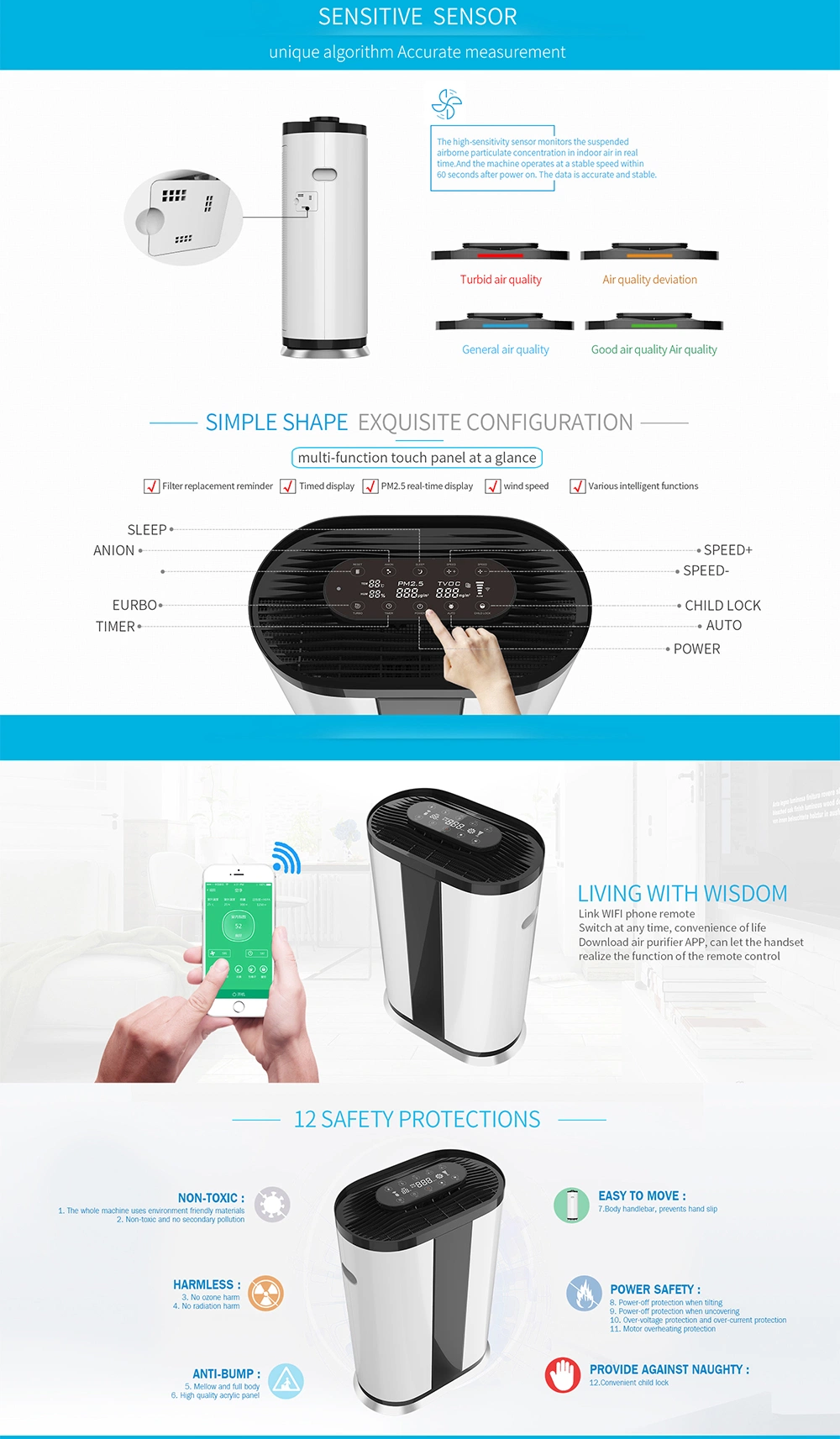 HEPA Air Purifier Electric Smart WiFi HEPA H13 Fliter Air Cleaner Indoor China Factory Direct Sale